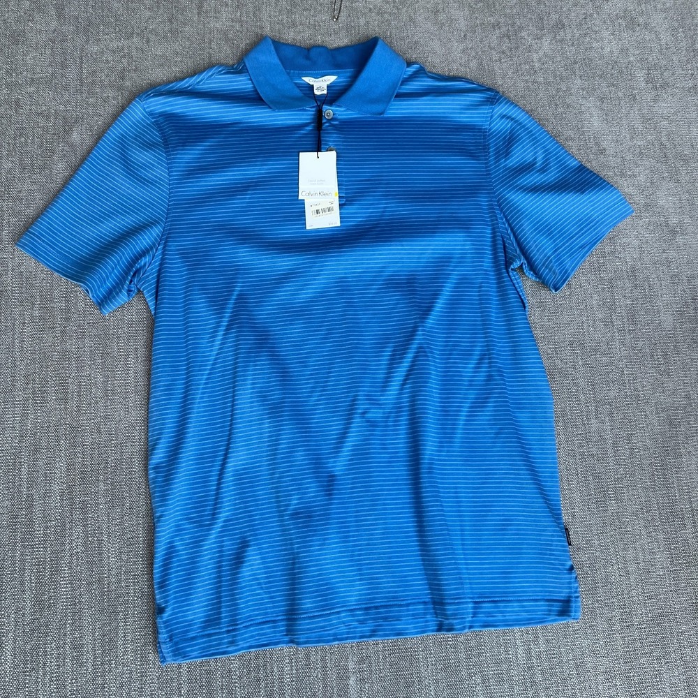 Calvin Klein Polo Shirt Mens Medium Blue Striped Short Sleeve Collared Popover